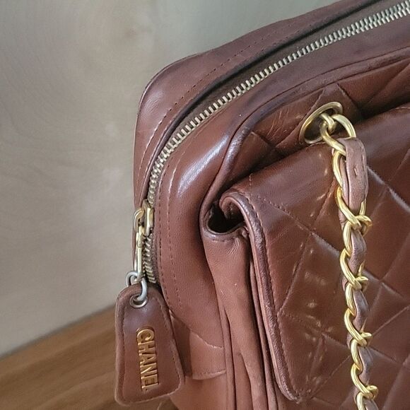 Chanel VTG Brown Lambskin Leather GM Medium Shoulder Flap Camera Bag Rare GHW - Picture 5 of 16
